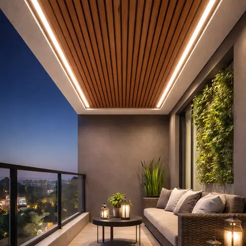 High-rise balcony lounge at dusk with a backlit wood-slat ceiling, a glass-railing city view, a rattan sofa with lanterns, and a vertical garden wall.