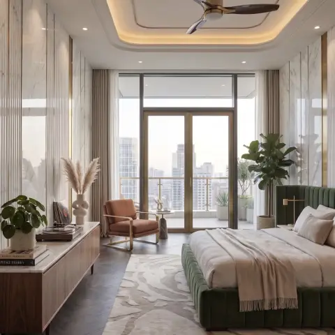 High-rise bedroom where a green channel-tufted velvet bed faces a fluted-marble wall