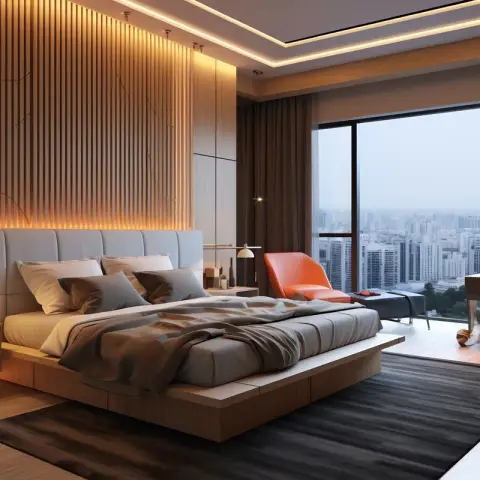 High-rise bedroom with a backlit vertical wood-slat headboard wall, a low platform bed with grey tufted headboard