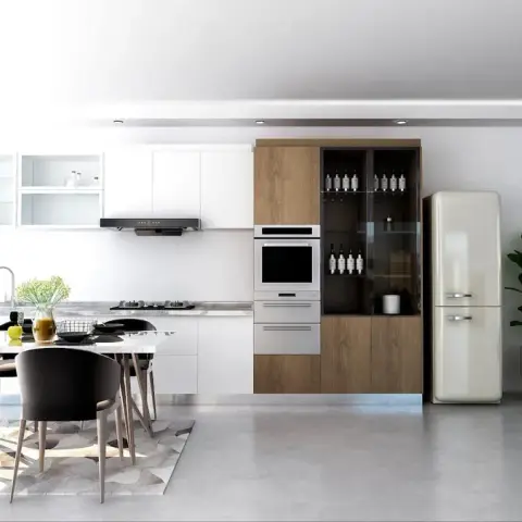 High-rise open kitchen render in handleless white with a walnut tall unit housing a built-in oven and a smoked-glass wine cabinet