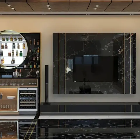 Home bar and TV wall render where a book-matched black-and-gold marble panel with brass inlay strips carries the TV above a fluted black floating console