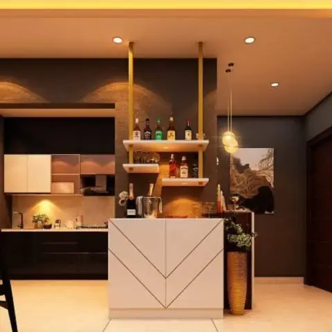 Home bar counter in white with brass chevron inlays and three backlit floating shelves of bottles
