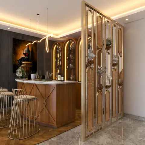 Home bar nook with a wood-and-marble counter, arched backlit wine display cabinets, wire-frame bar stools