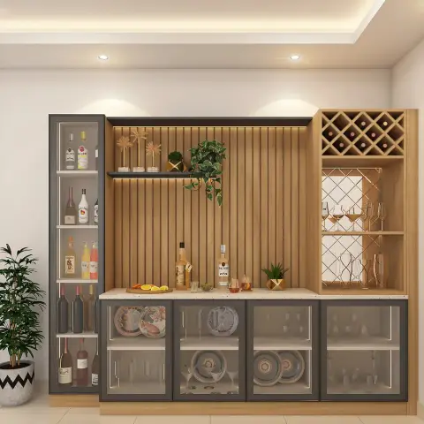 Home bar unit with vertical wood slat panelling, an integrated diamond wine rack, glass-front crockery cabinets and a terrazzo-look counter styled with bottles