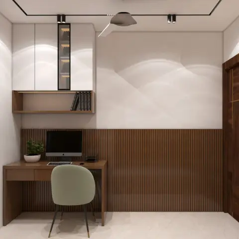 Home-office render with a walnut desk running into half-height fluted walnut dado panelling, a white overhead unit with one glazed black-framed book column