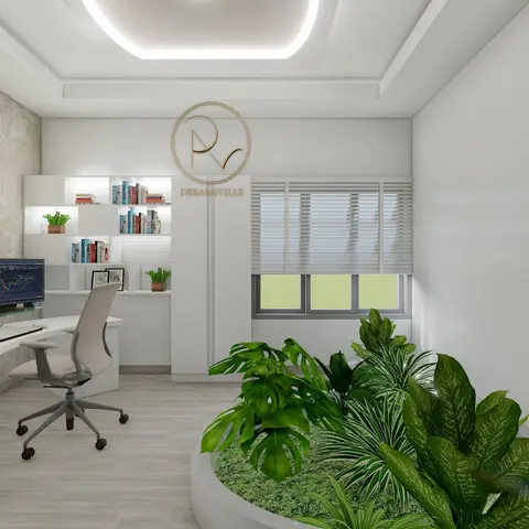 Home office with a curved built-in desk for triple monitors, a lit bookshelf niche, and an indoor planter bed by the window.
