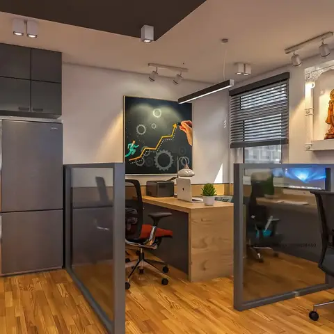 Home study nook with a built-in wood-top desk and dual workstations divided by glass partitions