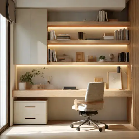 Home study nook with a floating wood desk under backlit open shelving stacked with books and small decor objects