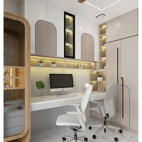 Home study nook with a fluted-panel desk, a curved wood-and-ribbed-glass wardrobe, and arched backlit overhead cabinets