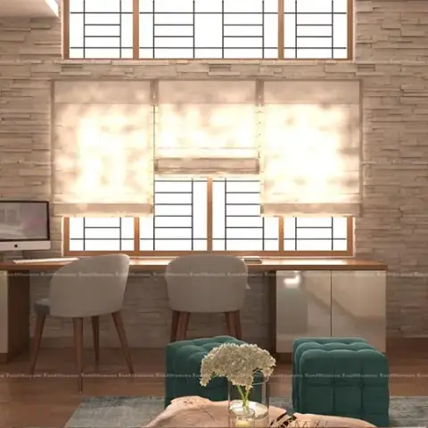 Home study with a full-width two-seat desk in cream gloss and walnut set against a stacked-stone wall