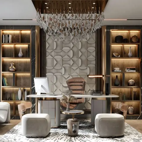 Home study with a marble desk flanked by fluted, back-lit bookshelves under an oversized crystal chandelier, on an animal-print rug.
