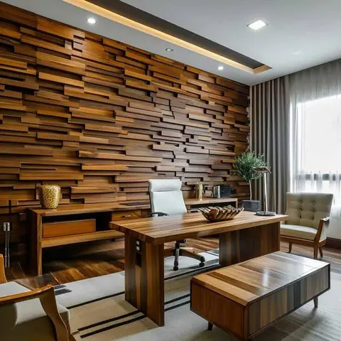 Home study with a sculptural stacked-wood-block feature wall, a solid-wood executive desk, white swivel office chair