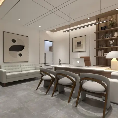 Home study with a wall-mounted desk and three chairs facing it, a slatted wood display shelf, and a light-toned sofa against the side wall
