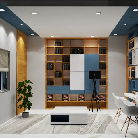 Home study with a wood-and-blue fluted bookshelf wall, matching slatted panelling either side, and a floating desk with two chairs.