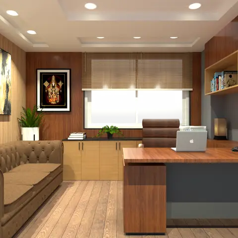 Home study with a wood-panelled wall, a tufted brown leather chesterfield sofa, an executive desk with laptop
