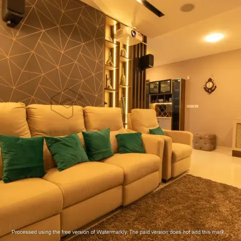 Home-theatre living room with a four-seat beige recliner row under a ceiling projector, emerald velvet cushions