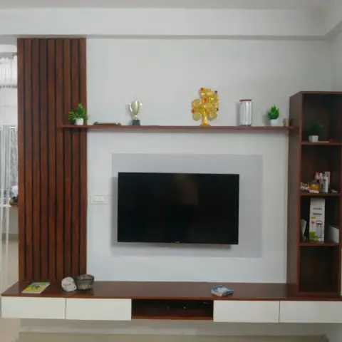 Home TV wall with a narrow wood slat panel down the left side, a long display ledge above the screen holding a trophy and a gold money-tree