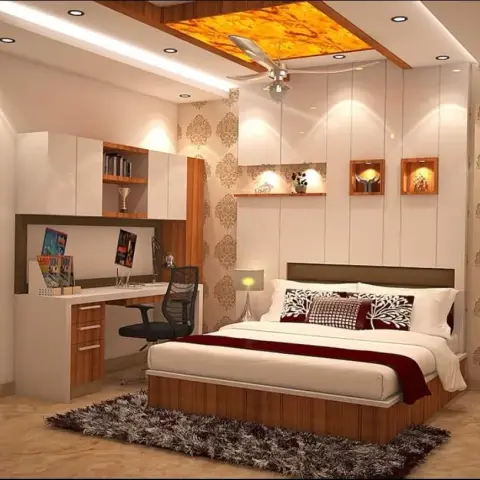 Indian bedroom render lit by a recessed amber onyx-look ceiling panel with a ceiling fan below