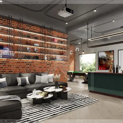 Industrial-style home lounge with an exposed brick display wall, black leather sectional on a striped rug