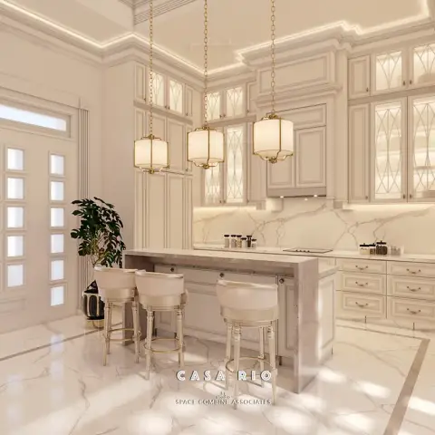 Ivory framed-shutter kitchen with astragal-glazed upper cabinets, a book-matched marble splashback and hood surround