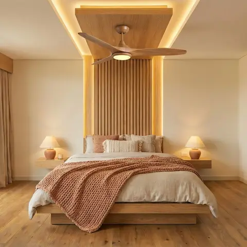 Japandi-style master bedroom with a wood-slat canopy headboard wall lit by a cove light, an open walk-in wardrobe nook