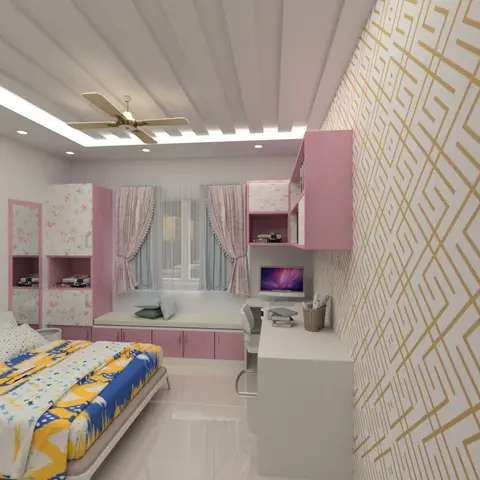 Kids bedroom rendering with a pink floral-shutter wardrobe, gold geometric accent wall, and a built-in study nook beside the window seat.