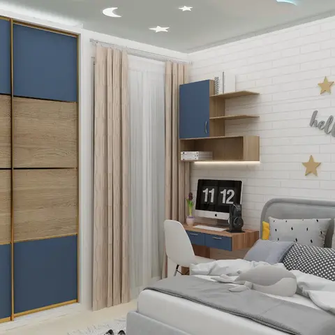 Kids' bedroom with a blue-and-oak sliding wardrobe, a built-in study nook below floating shelves