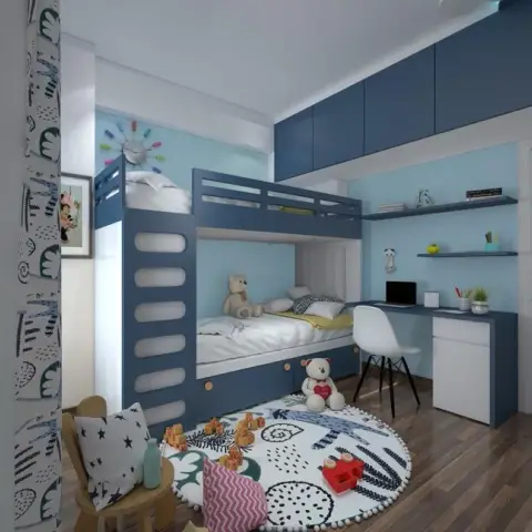 Kids' bedroom with a built-in navy-blue bunk bed, a matching built-in study desk with open shelving, and a round printed rug scattered with toy blocks.