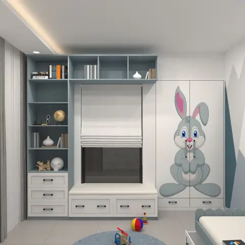 Kids' bedroom with a bunny-mural wardrobe, a mountain-peak wall mural with moon and star decals, and built-in bookshelves over a window seat