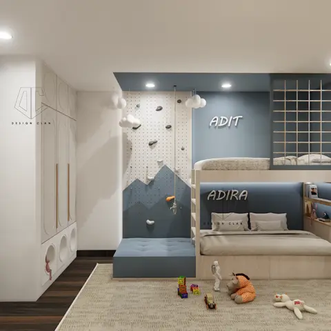 Kids' bedroom with a climbing wall over a lower daybed, a raised loft bed with personalized name signage, and open toy-display shelving.