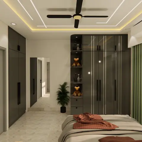 Kids' bedroom with a glossy charcoal-grey wardrobe wall, an open display shelf styled with teddy bears, and sage-green curtains against a cove-lit ceiling.