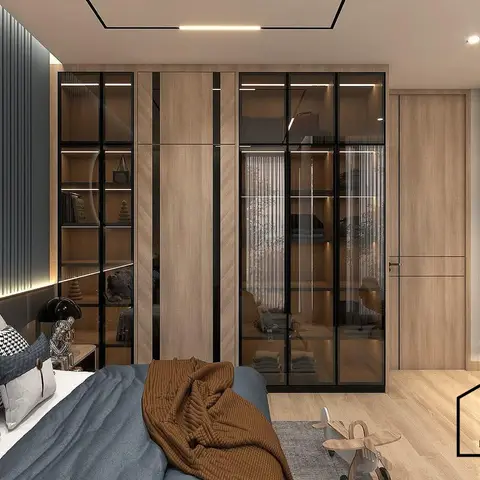 Kids' bedroom with a grey moon-mural feature wall, a fluted-oak wardrobe with black-framed glass doors and internal shelf lighting