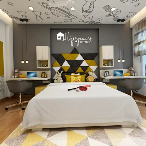 Kids bedroom with a hand-drawn space-themed ceiling graphic, a yellow-black-white triangle-pattern upholstered headboard
