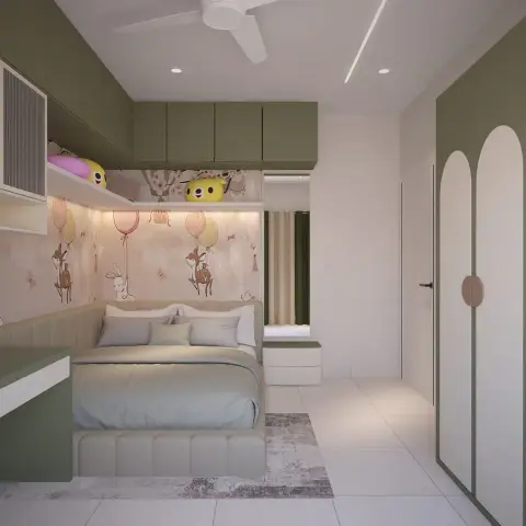 Kids' bedroom with a pastel woodland-animal wallpaper mural behind an upholstered channel-tufted bed, and an olive-green arched wardrobe.