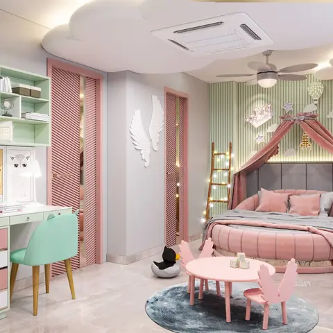 Kids bedroom with a round pink upholstered canopy bed against sage fluted wall panelling, and a mint-and-blush study desk with open arch shelving.