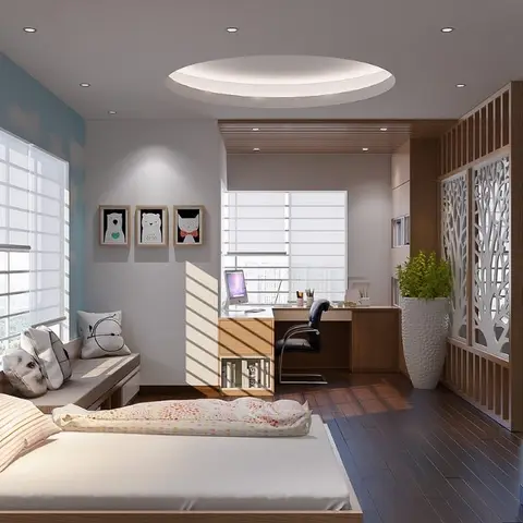 Kids' bedroom with a sky-mural accent wall, a gallery of cartoon animal prints, a built-in study desk, and a laser-cut tree-pattern partition screen.