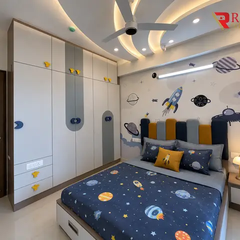 Kids' bedroom with a space-themed wall mural, a mustard-and-navy upholstered headboard, a colorful astronaut-pull wardrobe, and a curved cove-lit false ceiling.