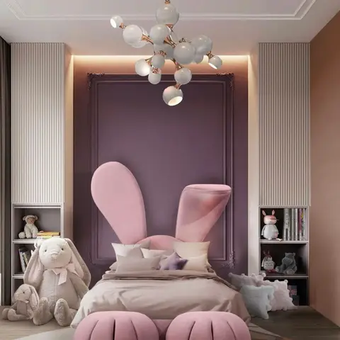 Kids bedroom with a whimsical pink bunny-shaped bed against a purple moulded panel wall and a sculptural bubble chandelier