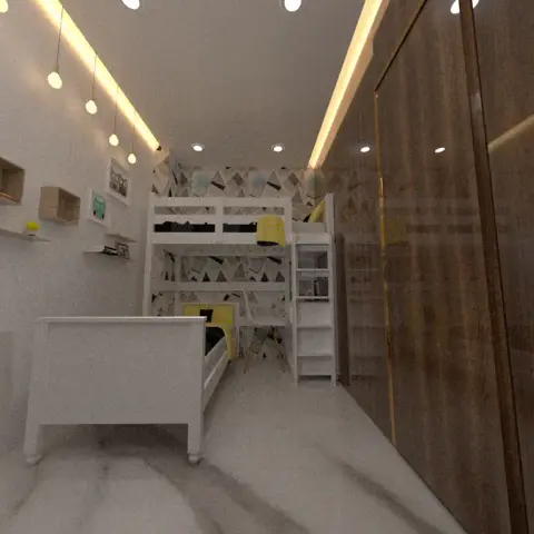 Kids' bedroom with a white bunk bed against a geometric-patterned wallpaper wall, a single bed in the foreground