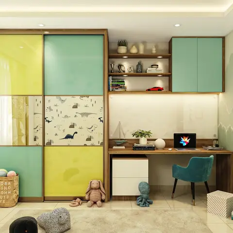 Kids' bedroom with a yellow-and-mint dinosaur-print sliding wardrobe, a built-in study desk with teal velvet chair, and a mountain-and-stars wall mural.