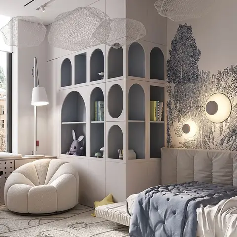 Kids' bedroom with an arched niche storage wall, a forest-mural accent wall lit by round wall sconces, and a scalloped bouclé armchair.