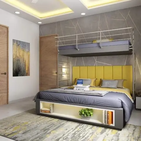 Kids' bedroom with an elevated loft bunk over the main bed, a mustard-yellow tufted headboard, a geometric grey accent wall