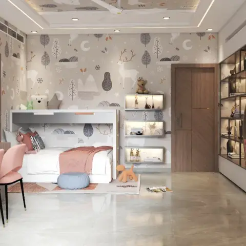 Kids' bedroom with forest-animal wallpaper behind a bunk-style bed, pink chairs at a built-in study desk, and a round wood-clad reading nook
