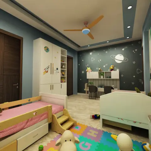 Kids' bedroom with twin beds, a space-themed starry accent wall with planet decals, a jungle-print wallpaper corner, and a colorful alphabet puzzle mat.