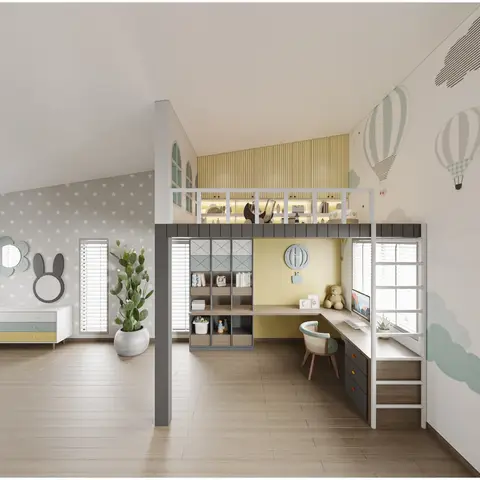 Kids' loft-bed bedroom in mint-and-yellow pastels with a hot-air-balloon wall mural, built-in study nook under the loft and a ladder to the sleeping platform