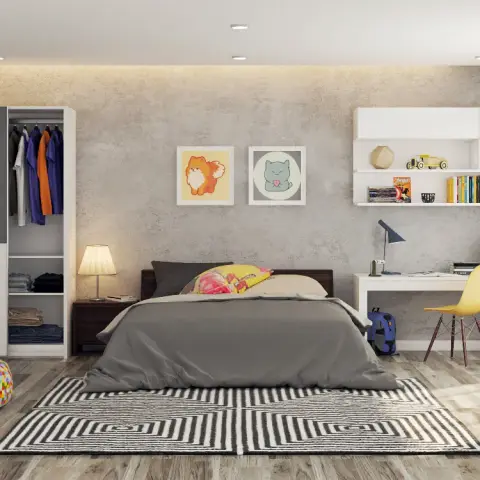 Kids-room render with framed cartoon dog and cat prints on a grey concrete-textured wall, a low bed under a grey duvet