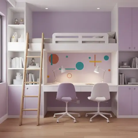 Kids' room with a white loft bed and slatted safety rail sitting over a two-seat study desk, reached by a leaning oak ladder