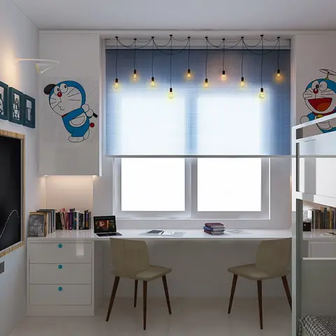 Kids' study nook with a built-in white desk seating two, Doraemon wall decals and a chalkboard on one side of the window
