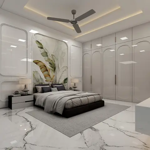 King bed with a dark upholstered base set against a botanical-leaf mural wall, flanked by an arched glossy wardrobe wall on polished marble flooring.