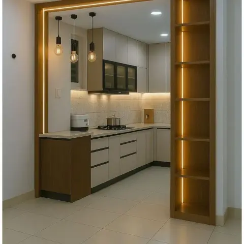 Kitchen framed by a wood archway with LED strip lighting, three hanging edison-bulb pendants
